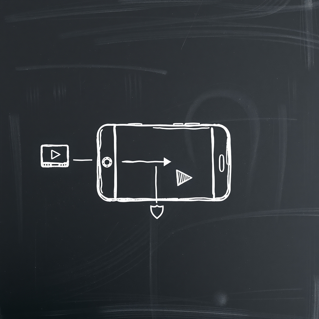 Chalkboard drawing of a smartphone with a video player icon and arrows pointing toward safety symbols.