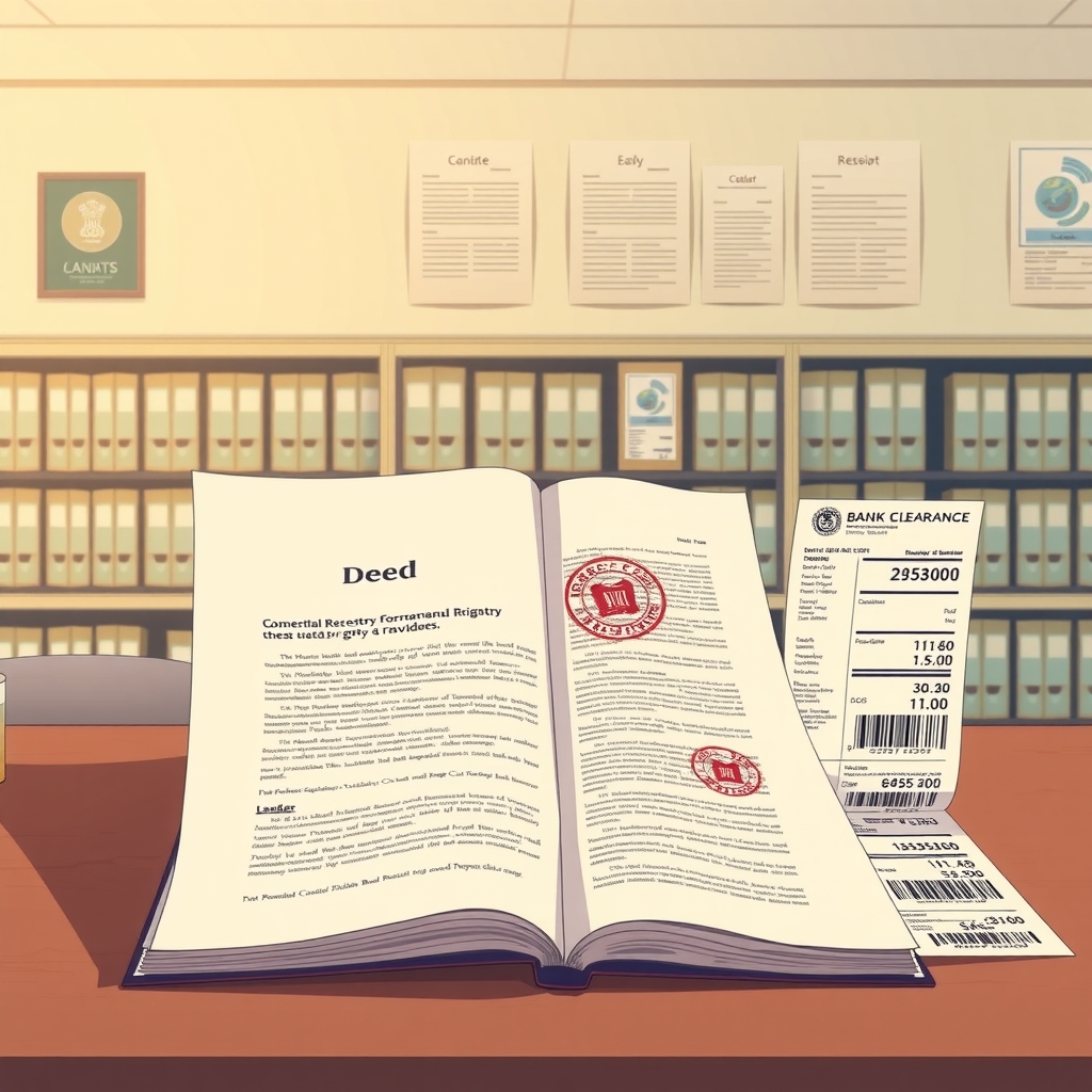An open book titled Deed with a bank clearance receipt on a wooden table in an office room.