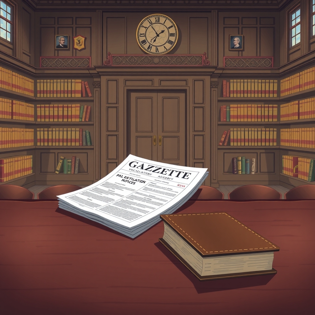 An anime styled, wood paneled library with a tall clock centered above double doors. A stack of newspapers and a book rest on a large dark wood desk in the foreground.