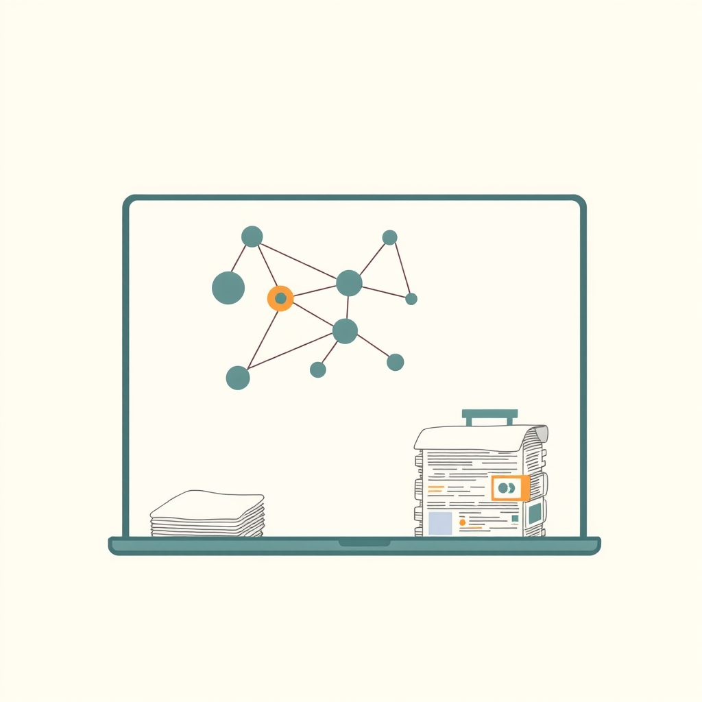 A pastel illustration of a monitor displaying a network graph with connected nodes and stacks of papers.